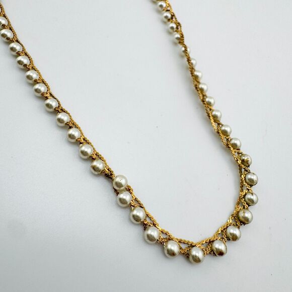 Signed Napier Gold Tone Faux Pearl Long Necklace Vintage Layered Rope Chain - Picture 6 of 12